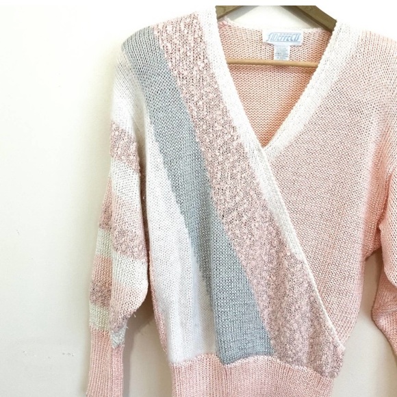 Vintage Pink Shimmer Textured Surplice V-neck Sweater by Side Effects - Picture 3 of 7